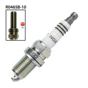 NGK single spark plug R0465B-10 with NGK7506 branding, showing the metal electrode and ceramic insulator.