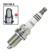 NGK single spark plug R6918B-8 with NGK4492 code, showing the metal shell and ceramic insulator on a white background.