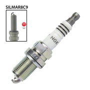 NGK Silmar8C9 S single spark plug for automotive engines, featuring a metal shell and ceramic insulator design.