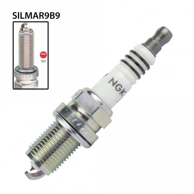 NGK Silmar9B9 S single spark plug, NGK95399, showing the metal terminal and ceramic insulator for automotive ignition systems.