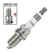 NGK single spark plug ZGR7GI-13G with ceramic insulator and metal threads for automotive ignition systems.