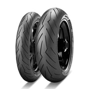 Pirelli Diablo Rosso III rear motorcycle tire 180/55ZR17M/CTL (73W) mounted on a wheel, showing tread pattern and sidewall details.