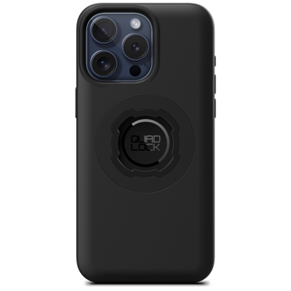 Quad Lock MAG Case for iPhone 15 Pro Max showing slim black protective phone case with magnetic mounting features.
