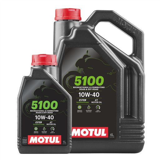 Motul 5100 10W40 4T motorcycle oil in a 4-liter bottle with 1-liter free, shown in a clear container with product label.