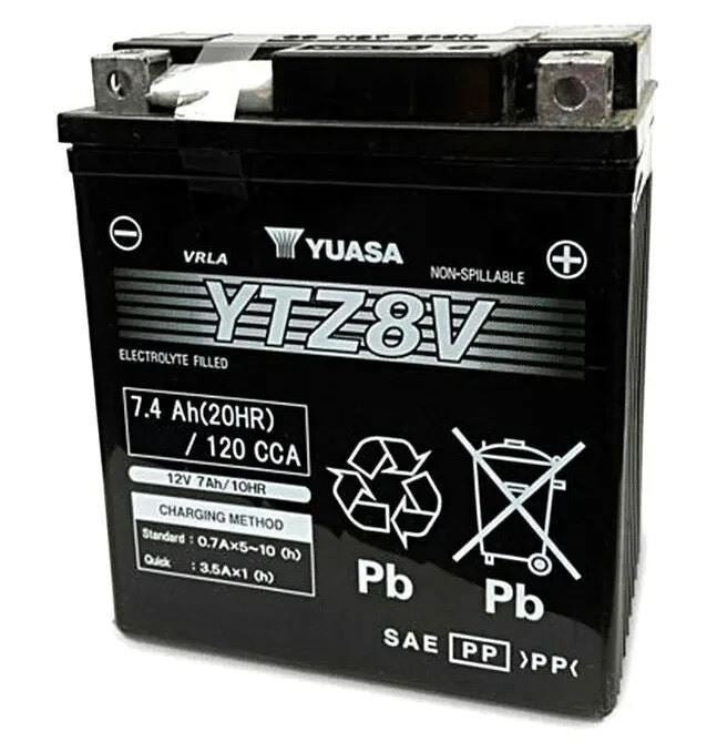 Yuasa YTZ8V 12V factory-activated high-performance motorcycle VRLA battery on a plain background