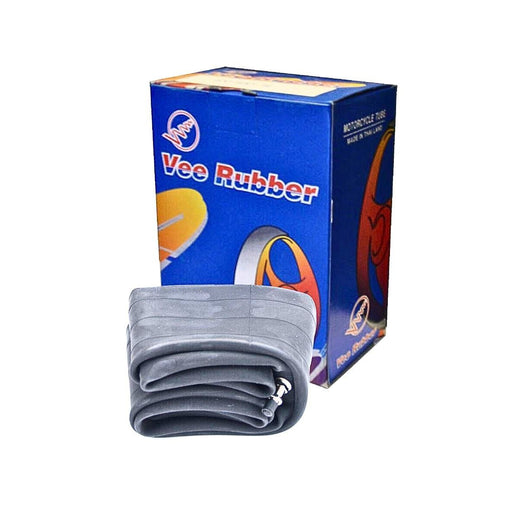 Vee Rubber inner tube for 10-inch tires with 100/110/80/90-10 size and 90-degree angle valve, showing the tube's valve and shape.
