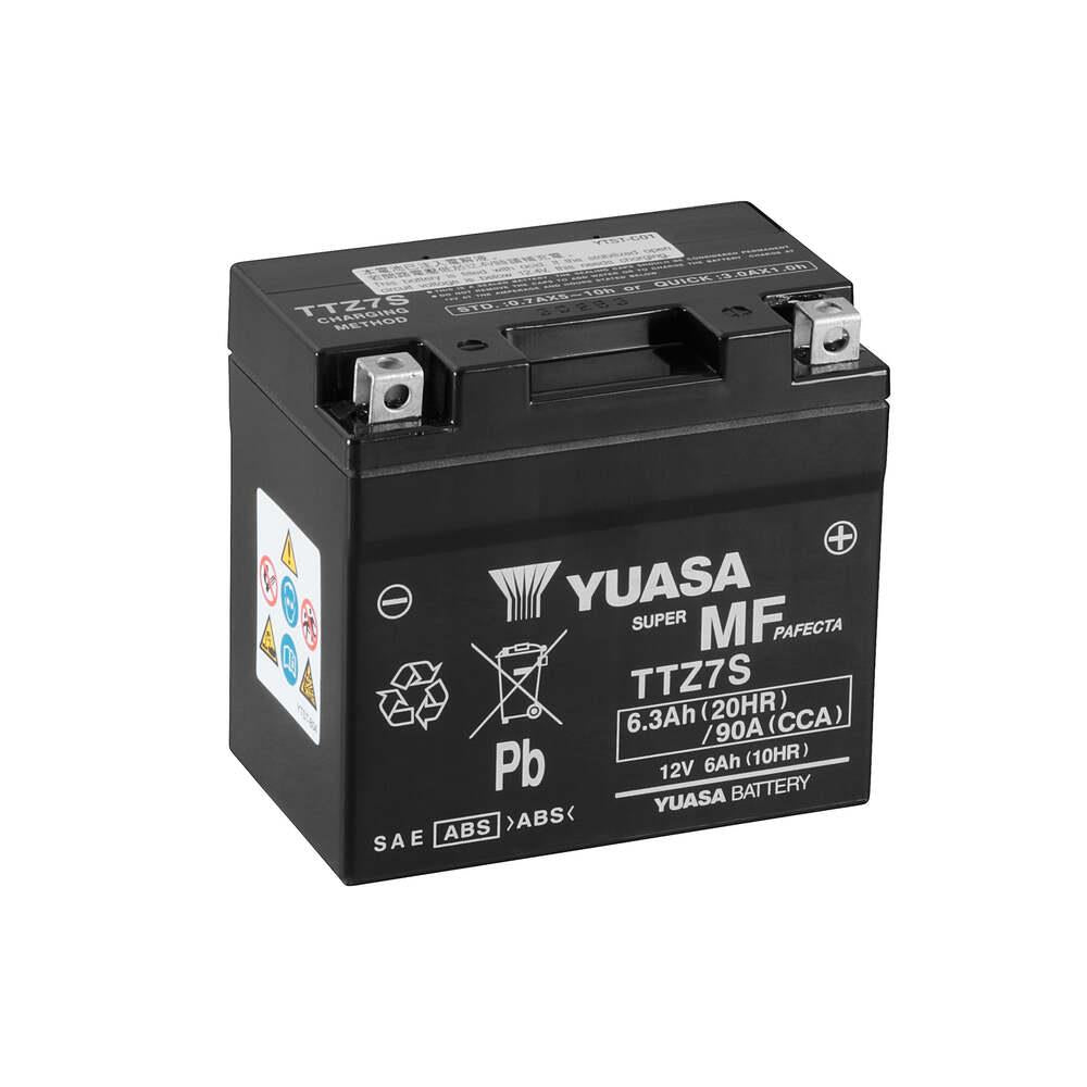 Yuasa TTZ7S (WC) 12V MF VRLA battery showing terminals and compact design for use in uninterruptible power supplies and backup systems.