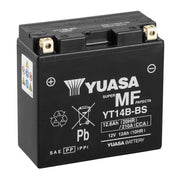 12V Yuasa YT14B-BS MF VRLA battery, sealed maintenance-free lead-acid car battery, with terminals and battery case visible