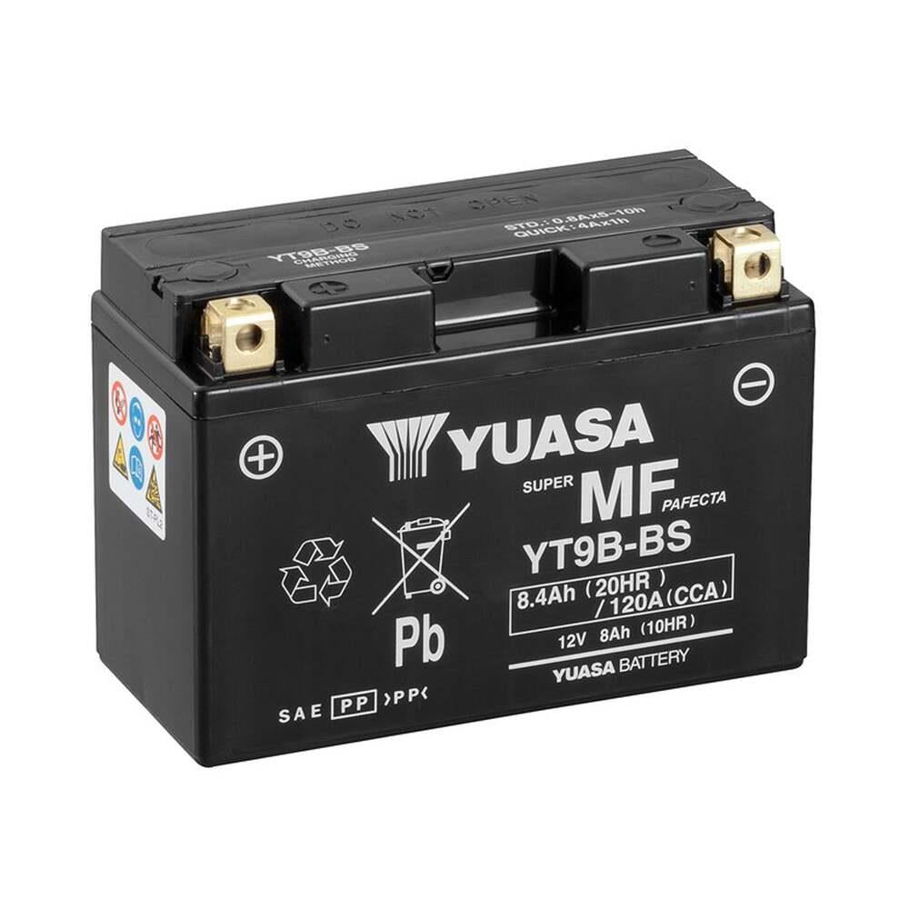 12V Yuasa YT9B-BS (WC) MF VRLA battery with compact design and durable case, ideal for motorcycle or small vehicle use