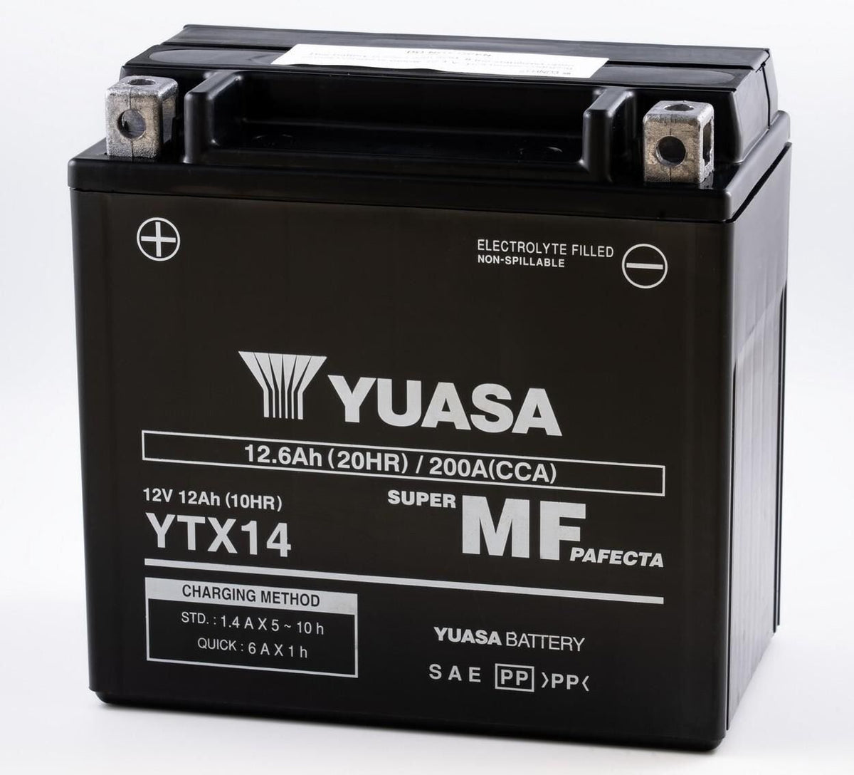 Yuasa YTX14-BS 12V MF VRLA battery with durable case and terminals, designed for motorcycle or power sports use