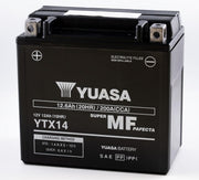 Yuasa YTX14-BS 12V MF VRLA battery with durable case and terminals, designed for motorcycle or power sports use