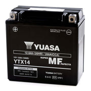 Yuasa YTX14-BS (WC) 12V MF VRLA motorcycle battery with maintenance-free design and durable construction.