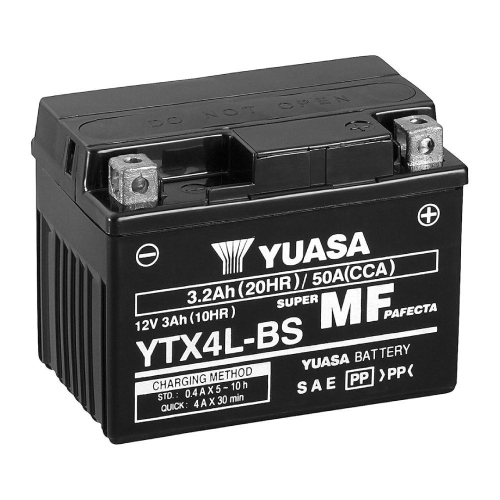 Yuasa YTX4L-BS (WC) 12V VRLA motorcycle battery with maintenance-free lead-acid design and compact size.