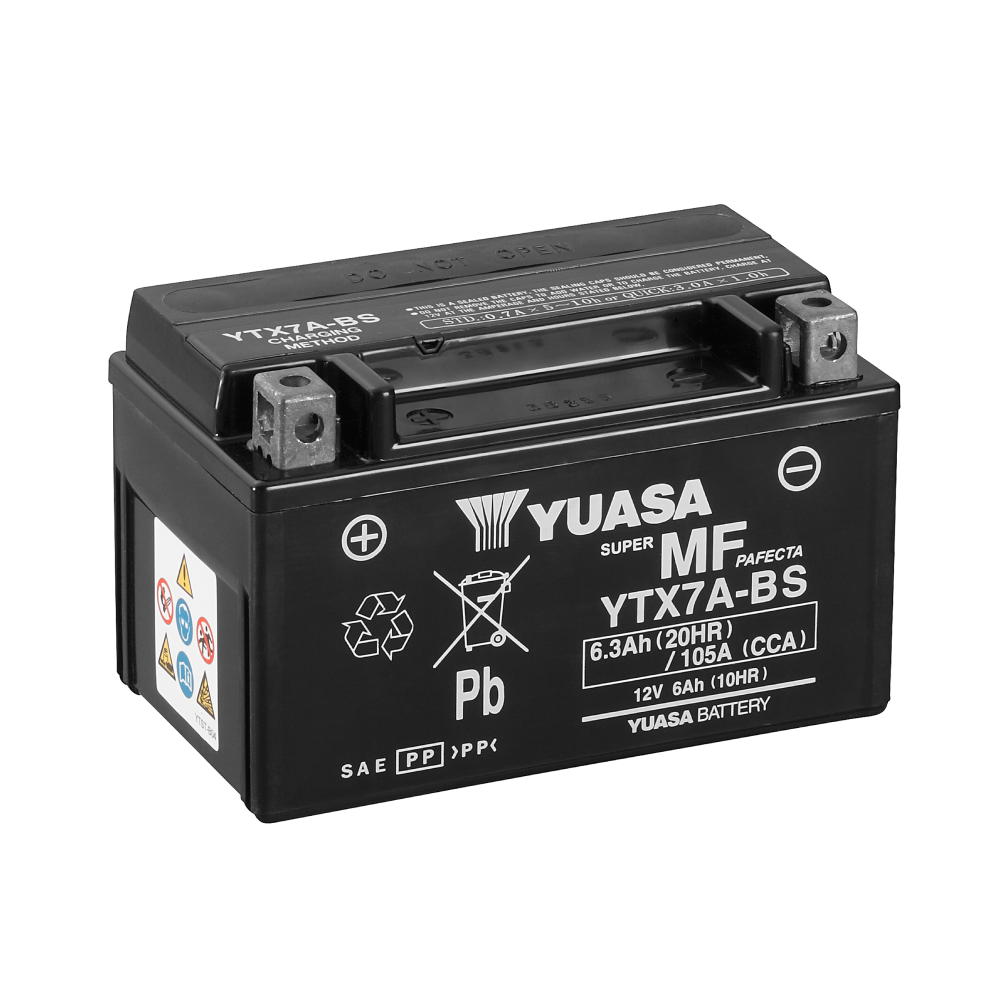 12V Yuasa YTX7A-BS (WC) MF VRLA motorcycle battery with sealed maintenance-free design and durable construction.