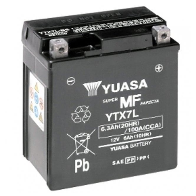 12V Yuasa YTX7L-BS (WC) MF VRLA motorcycle battery, shown with terminals and compact design.